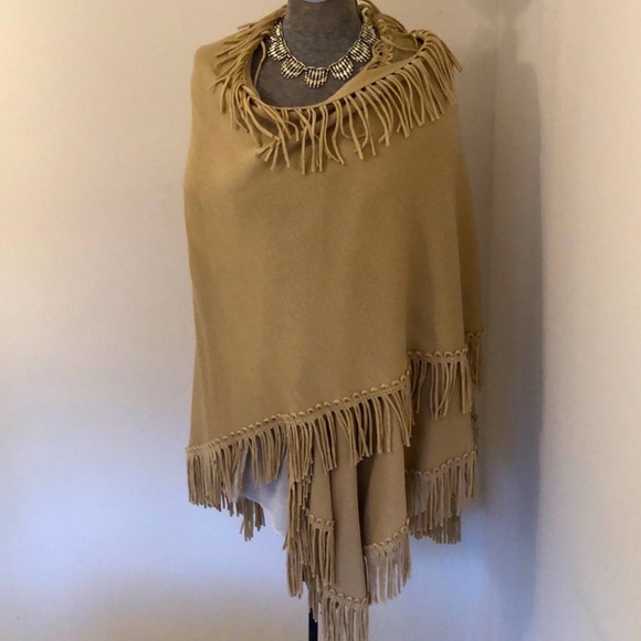 Coldwater Creek Fringe Cream Tan Beige Poncho - One Size - Picture 7 of 7